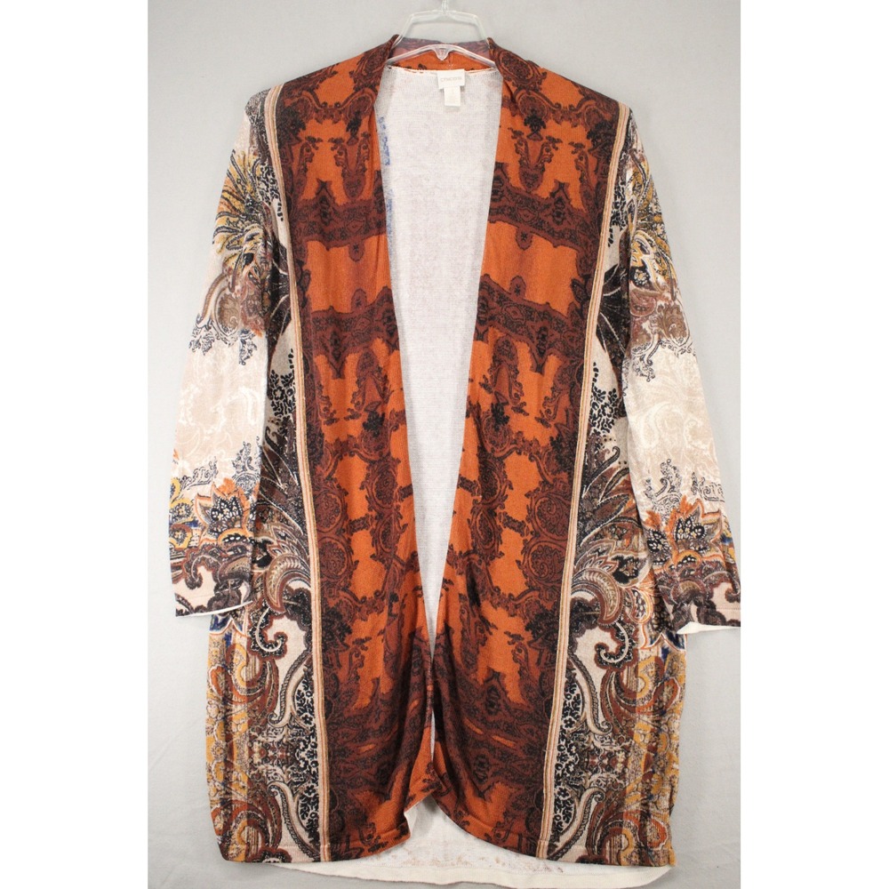 Chicos Cardigan Sweater Open Front Womens 3XL Orange Paisley Cotton Boho Retro